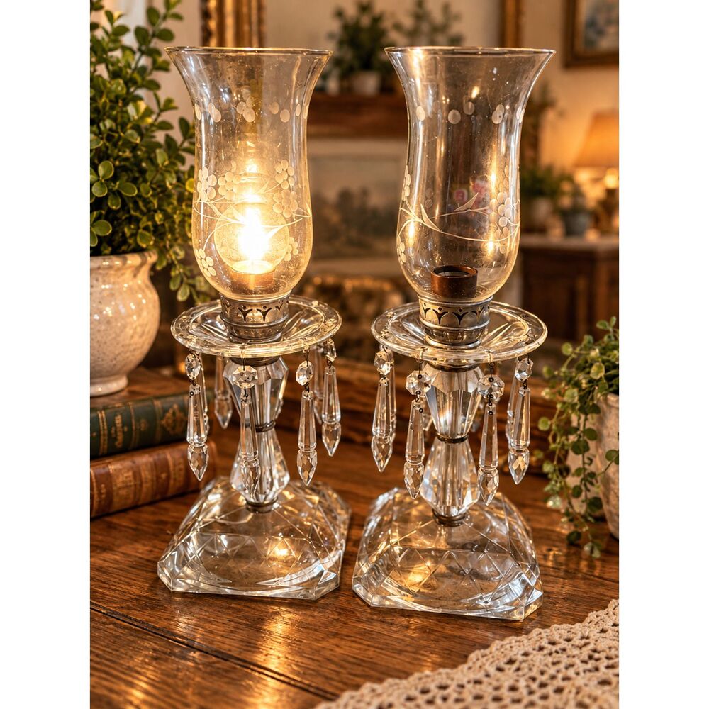 Vintage Crystal Hurricane Buffet Lamps Etched Glass Prisms 15" Vintage Tested